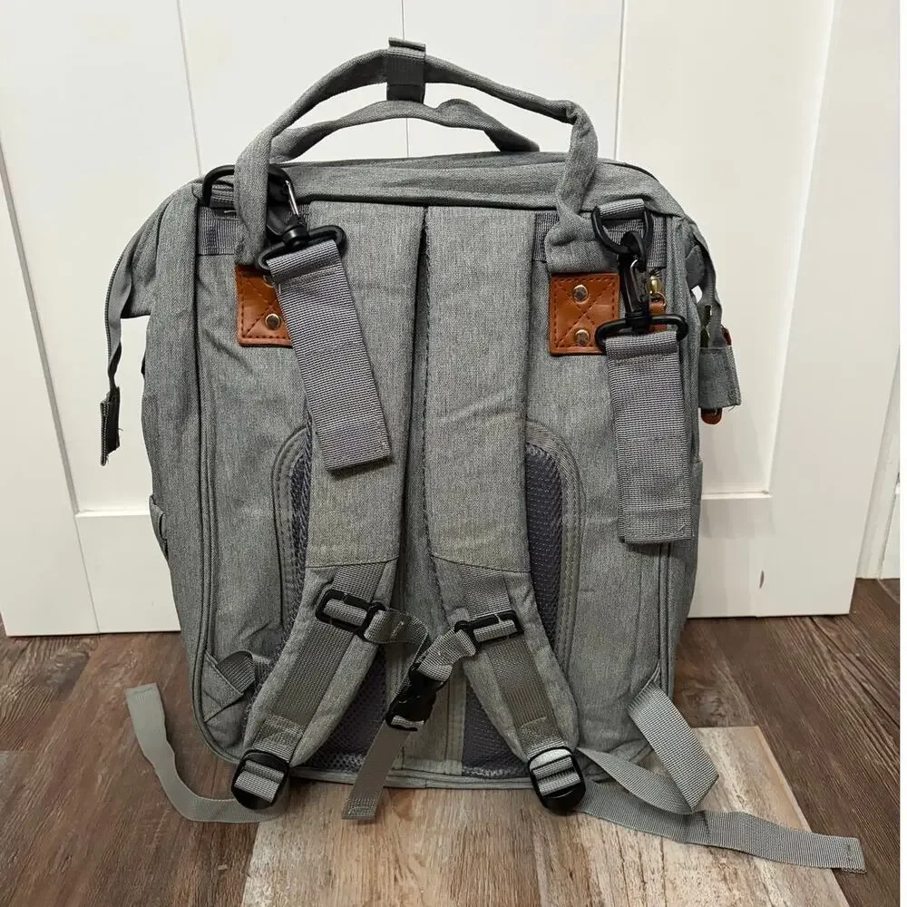 Good Mum Gray Backpack Diaper Bag Adjustable Strap changing station USB NWOT